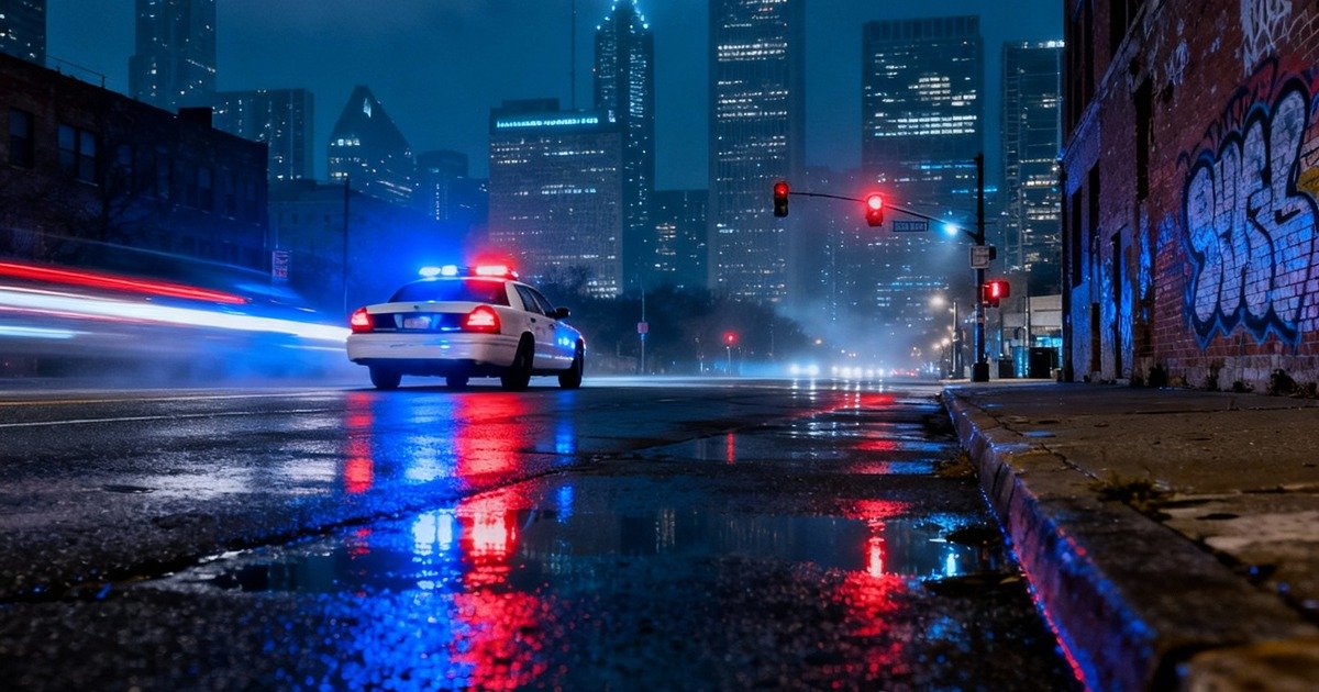 Chicago street scene with police lights.